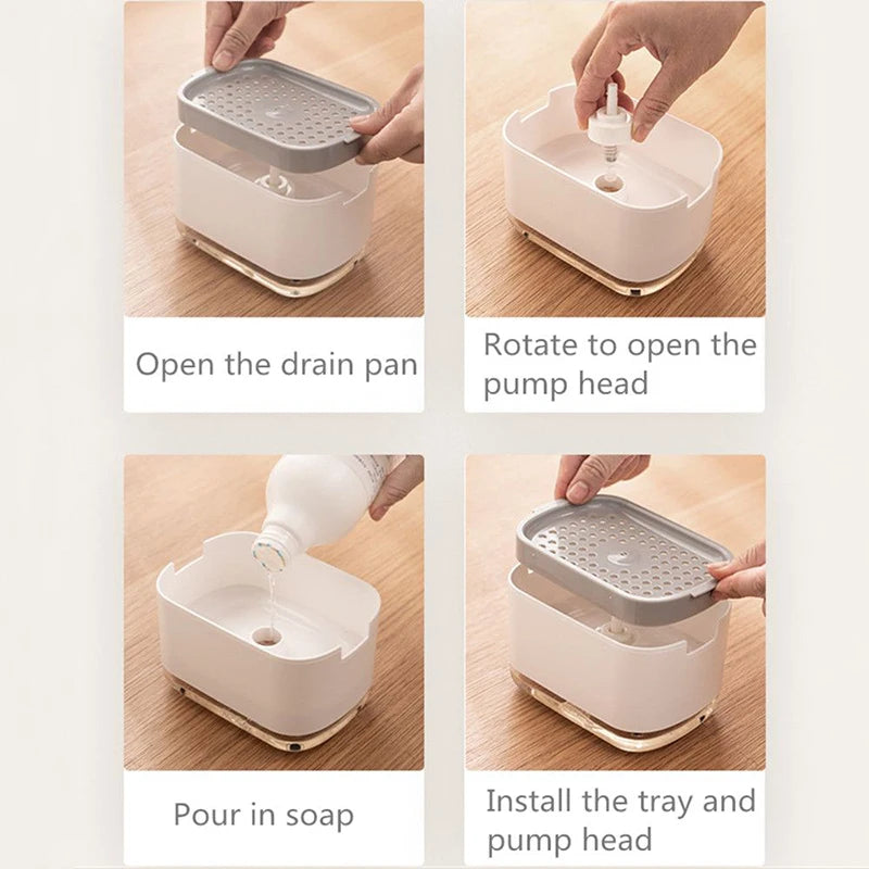 Press Soap Dispenser with Built-In Sponge Holder